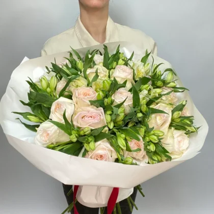 Альстромерия, Роза, Пионовидная роза, цвет белый, 39 шт