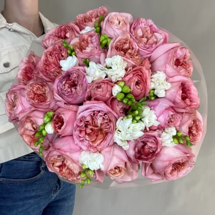 Роза, Пионовидная роза, Фрезия, цвет белый, розовый, 25 шт