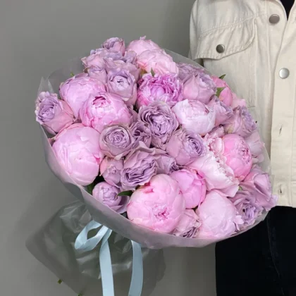 Пион, Роза, Кустовая роза, цвет сиреневый, 25 шт