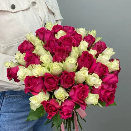Роза, цвет белый, розовый, 51 шт